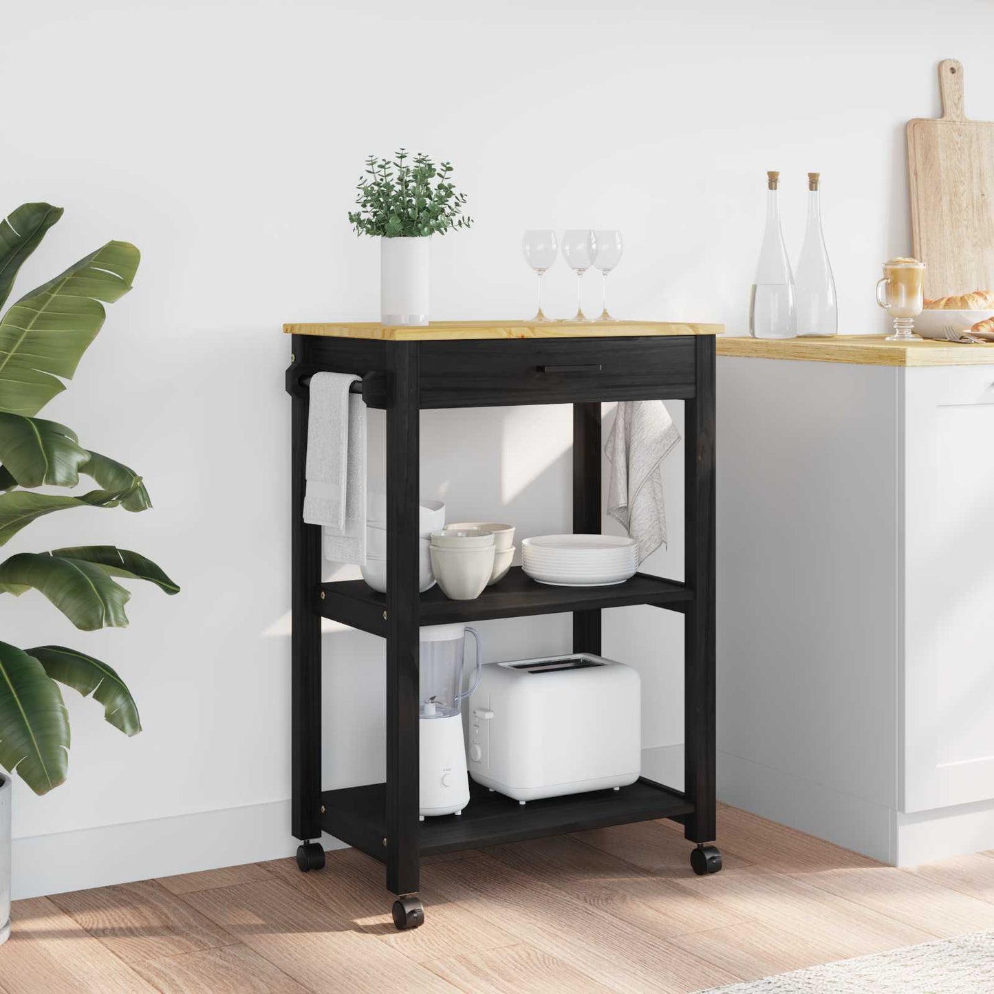 Küchentrolley Schwarz 88,5 x 40 x 60 cm Massivholz Kiefer