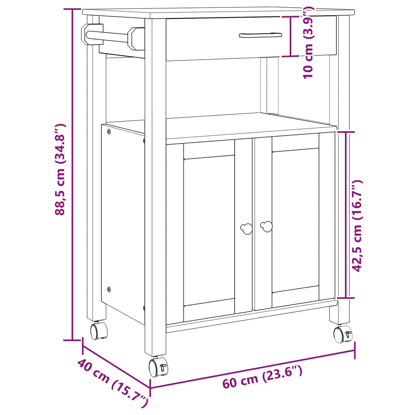 Küchentrolley Schwarz 88,5 x 40 x 60 cm Massivholz Kiefer