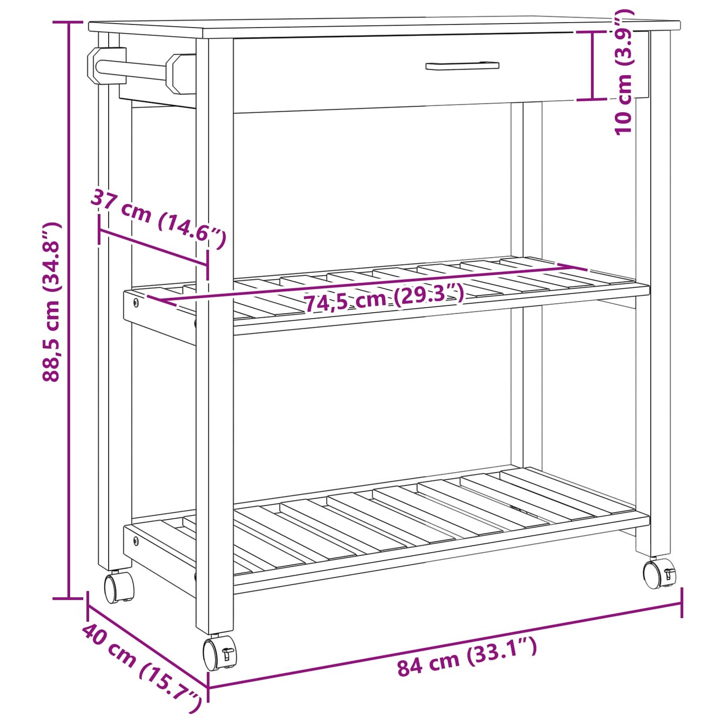 Küchentrolley Uni Schwarz 88,5 x 40 x 84 cm