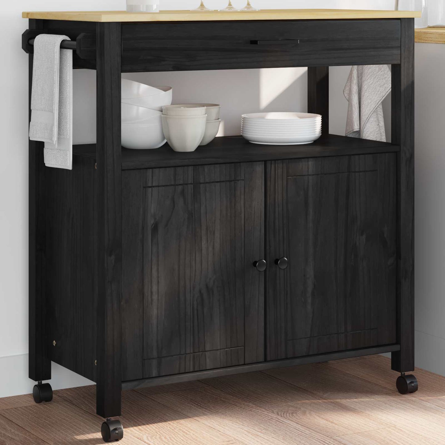 Küchentrolley Schwarz 88,5 x 40 x 48 cm Massivholz Kiefer