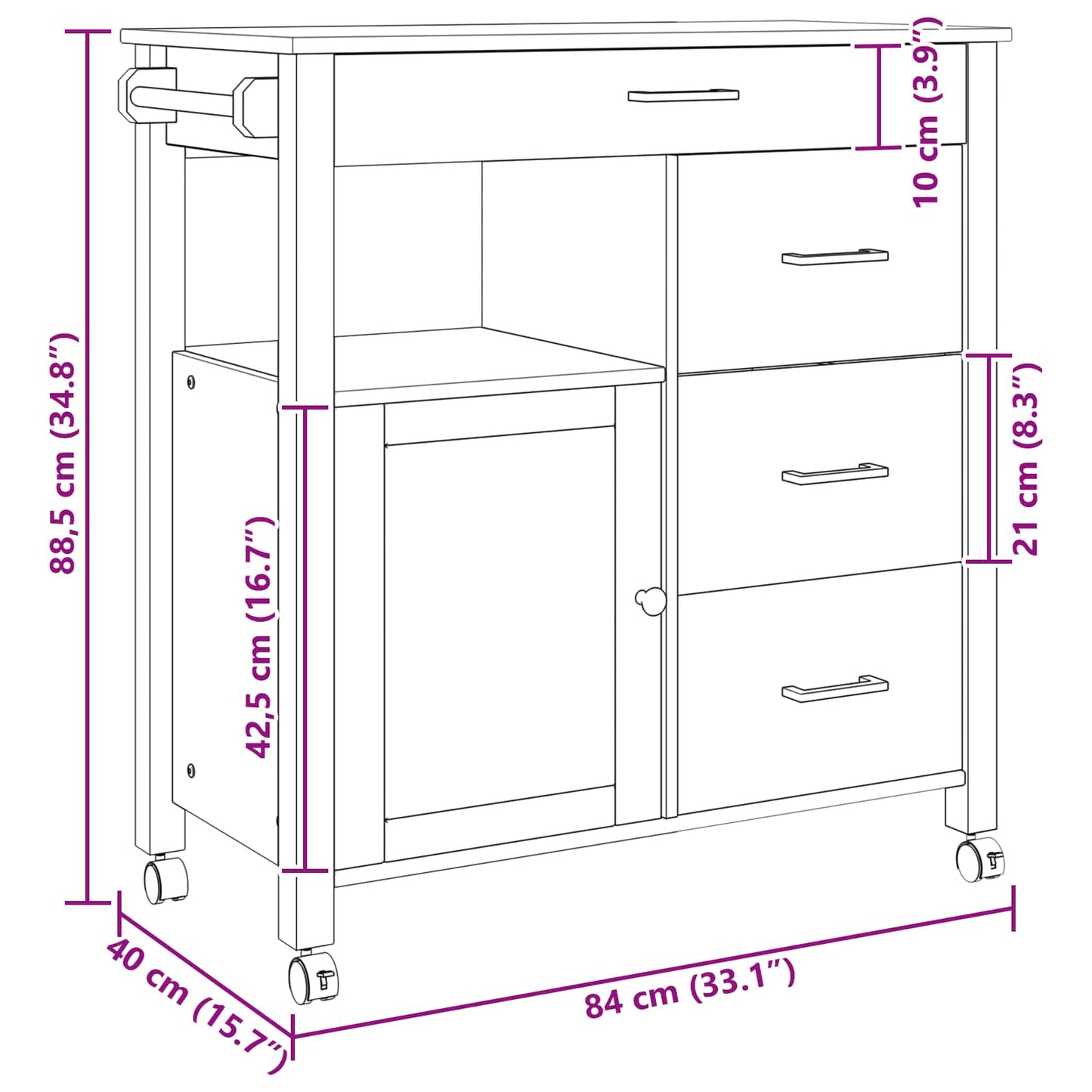 Küchentrolley Schwarz 88,5 x 40 x 84 cm Massivholz Kiefer