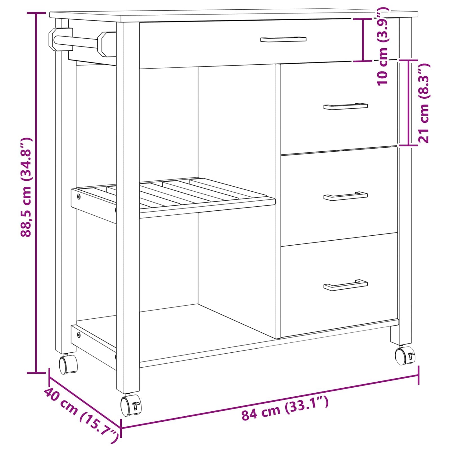 Küchentrolley MONZA Schwarz 84 x 40 x 88,5 cm Massivholz Kiefer