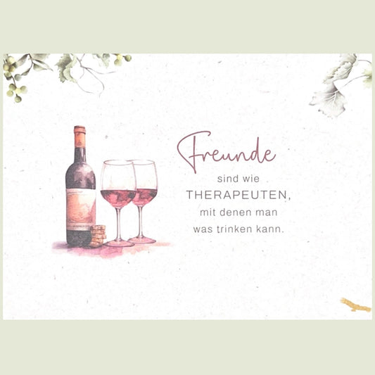 Postkarte „Freunde sind wie Therapeuten – nur mit Prosecco“