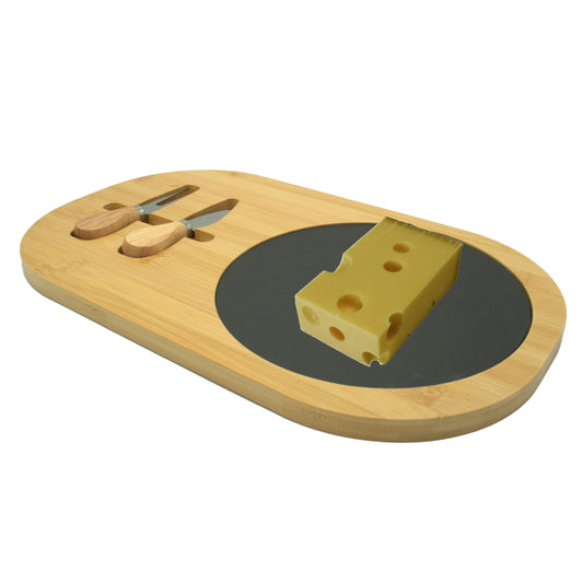 Käsetablettset aus Bambus mit Schieferplatte & Besteck
