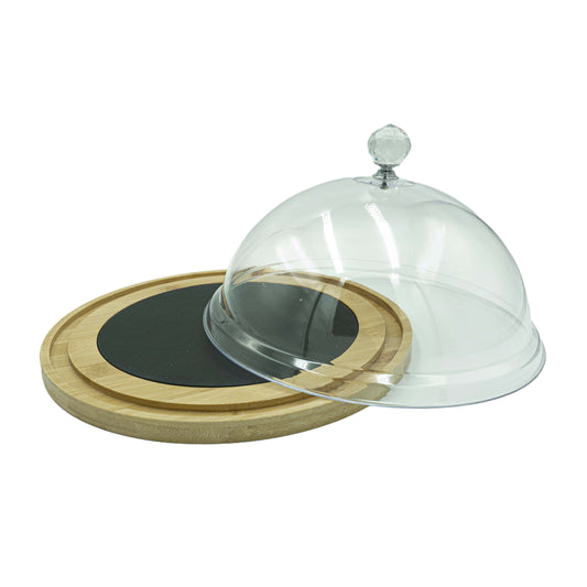 Bambustablett mit Haube & Schieferplatte – Ø 24cm, Für Käseplatte & Desserts