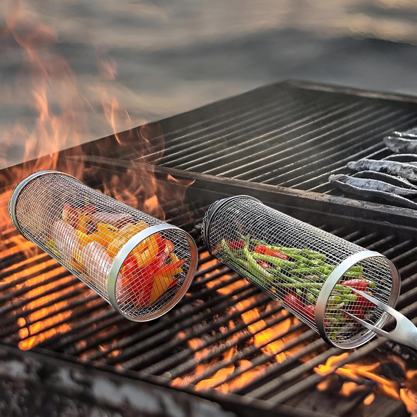 Grillkorb rollbar aus Edelstahl – 2er Set, klein & gross