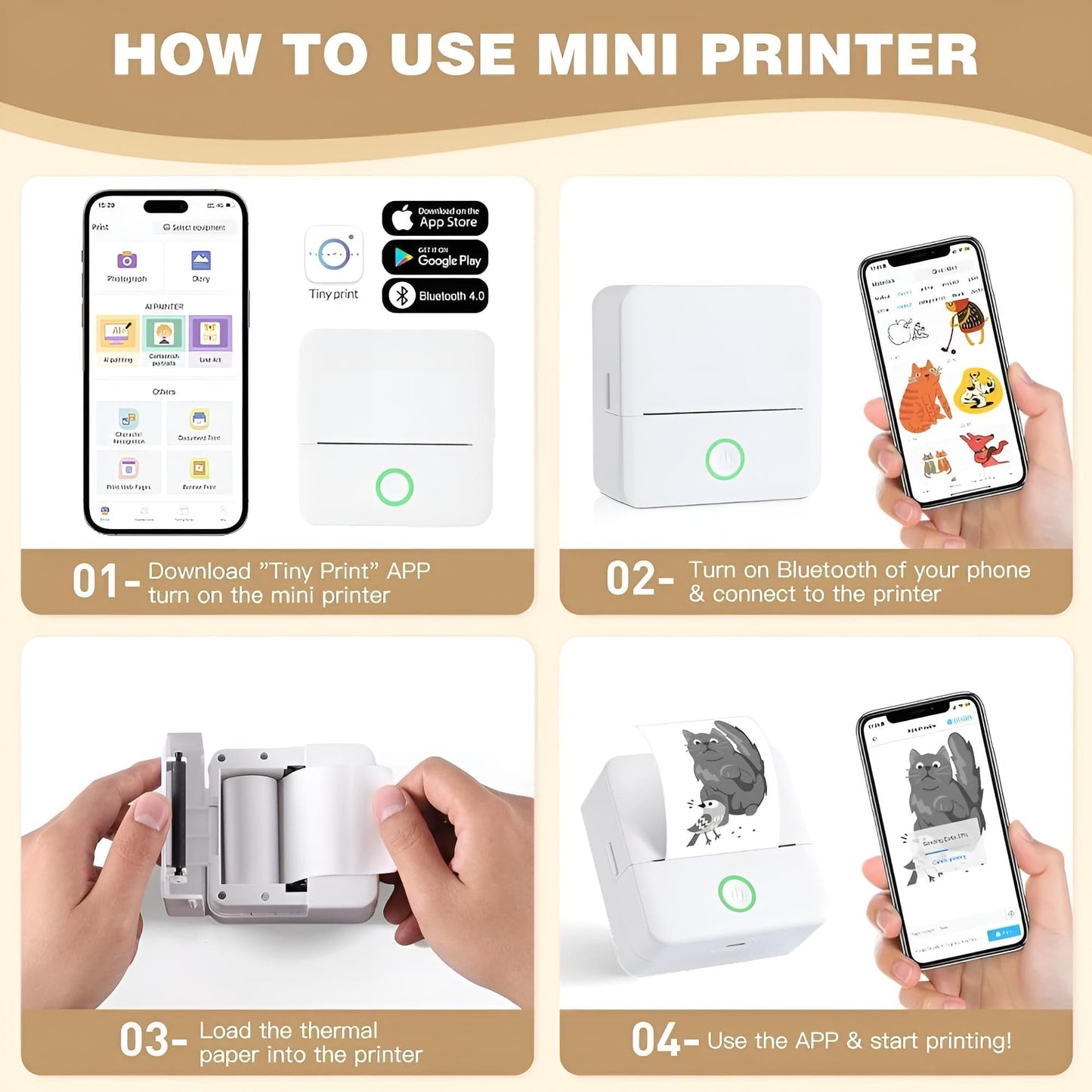 Tragbarer Mini-Drucker – Bluetooth, 800mAh, mit 5 Papierrollen