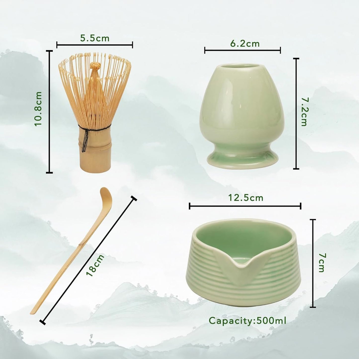 Matcha Tee Set – 4-teilig, mit Schale, Bambusbesen & Löffel
