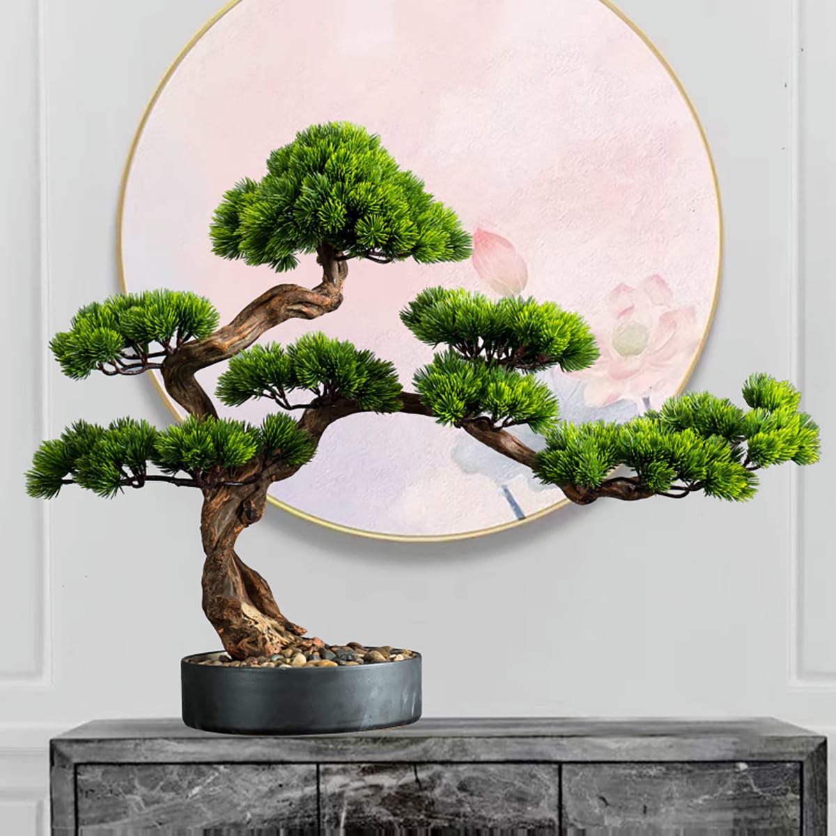 Japanischer Bonsai – 63 x 72 cm, künstlich, pflegeleicht, mit Dekosteinen