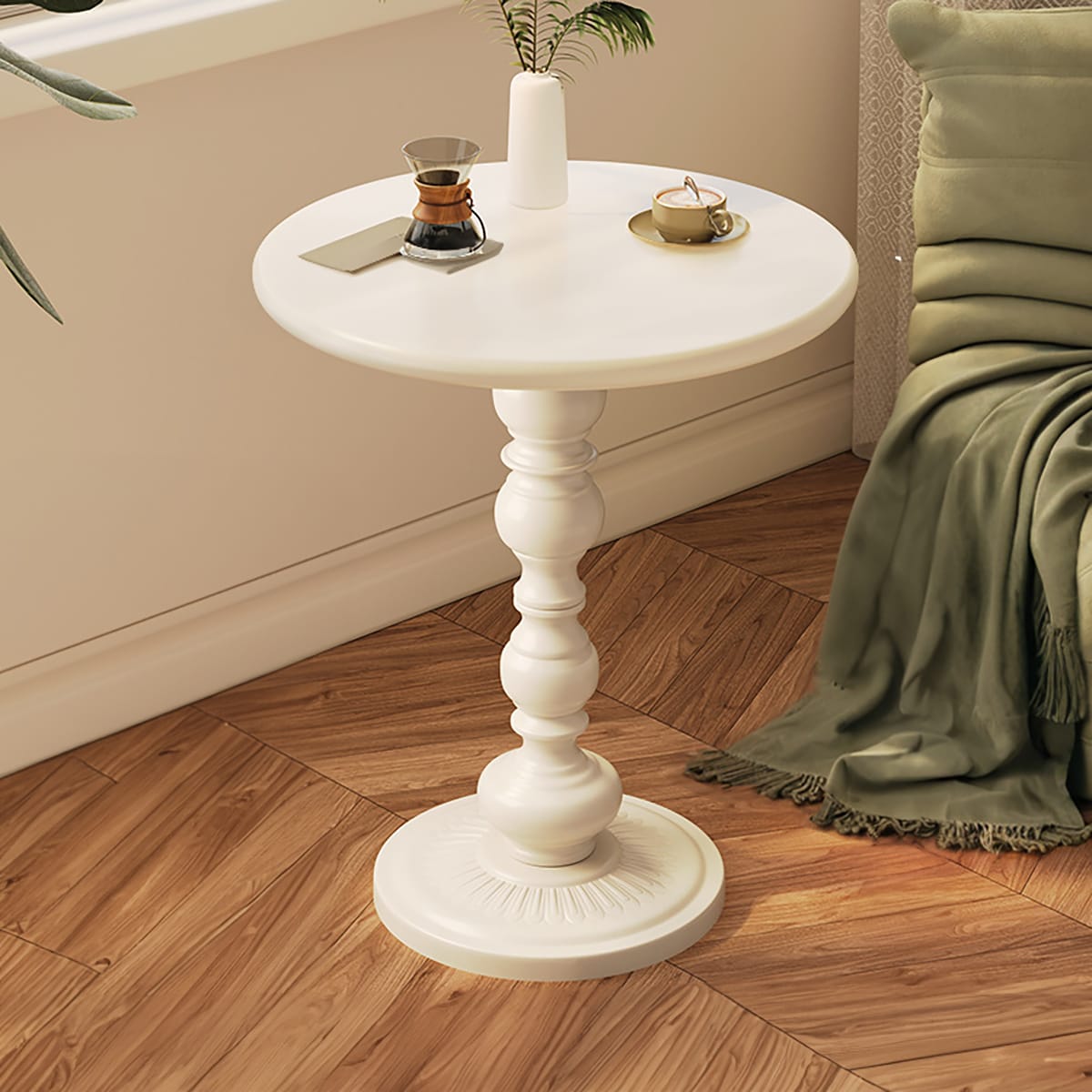 Couchtisch rund – 52 x 38 x 28 cm, gedrechselte Mittelsäule, edles Design