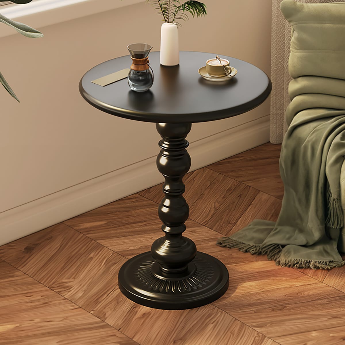 Couchtisch rund – 52 x 38 x 28 cm, gedrechselte Mittelsäule, edles Design