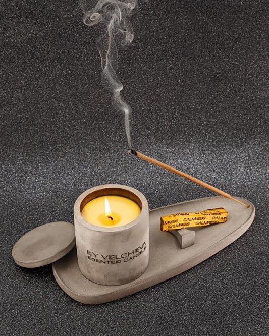 By Velcheva Meditationsset – Duftkerze, Palo Santo, Räucherstäbchen & Gipsständer