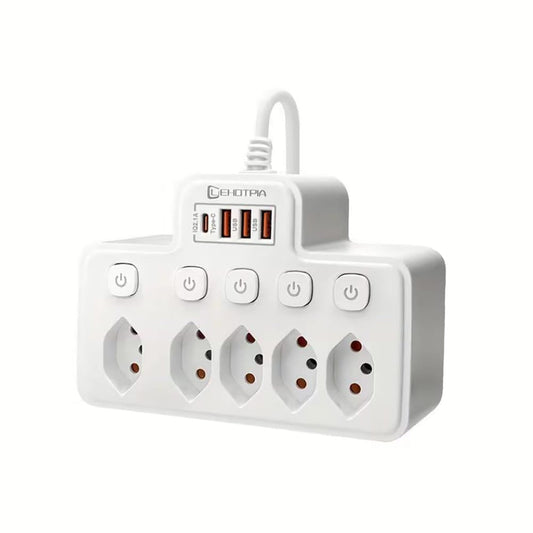 Mehrfachsteckdose mit USB – 5 Steckplätze, 3x USB-A, 1x USB-C, Überspannungsschutz