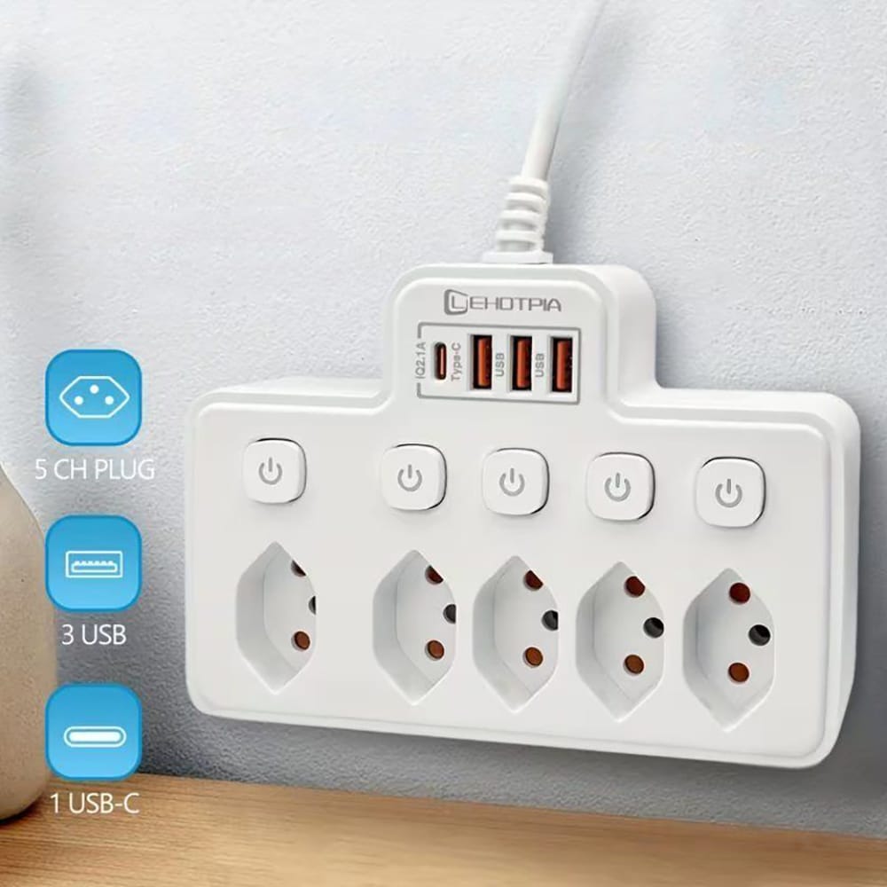 Mehrfachsteckdose mit USB – 5 Steckplätze, 3x USB-A, 1x USB-C, Überspannungsschutz
