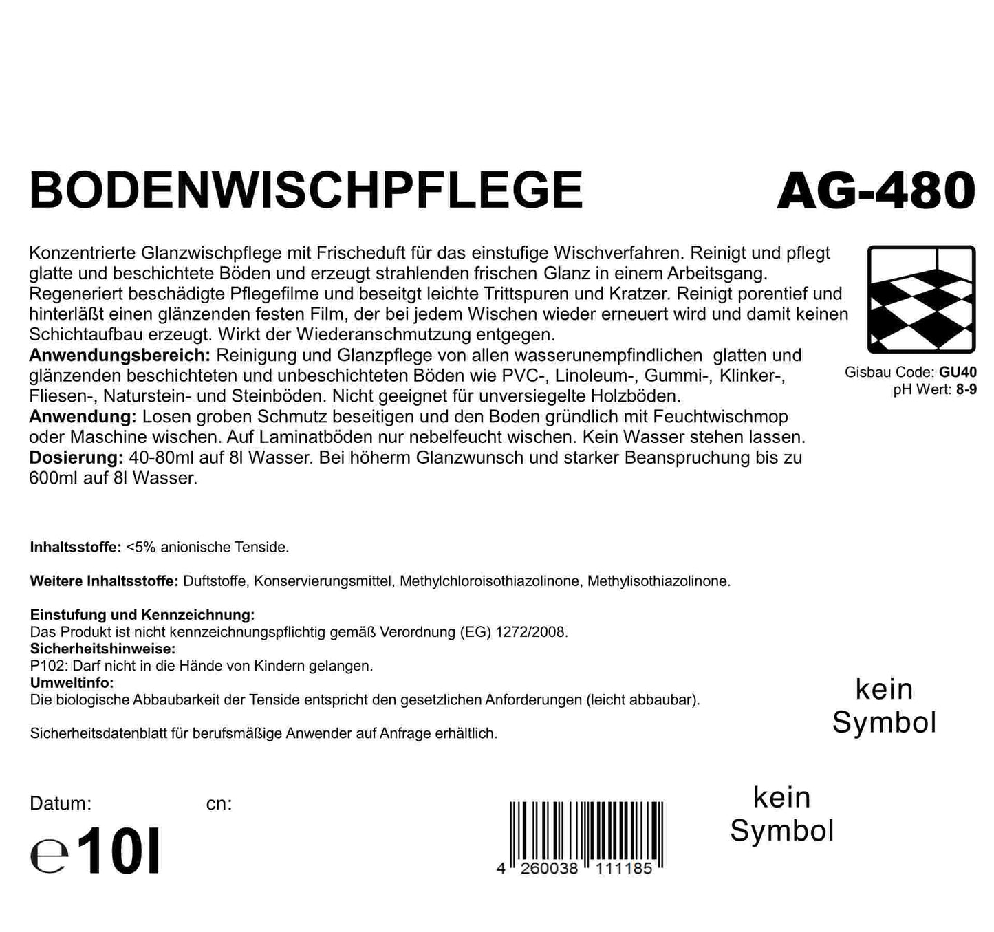 Bodenreiniger, pH-Wert 8-9, Palette mit 60 Kanister à 10 Liter