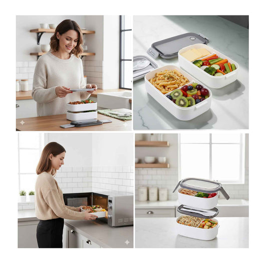 CF5030-Doppel XL Brotdose Besteck Verstellbare Fächer Lunchbox Schule Büro Bentobox