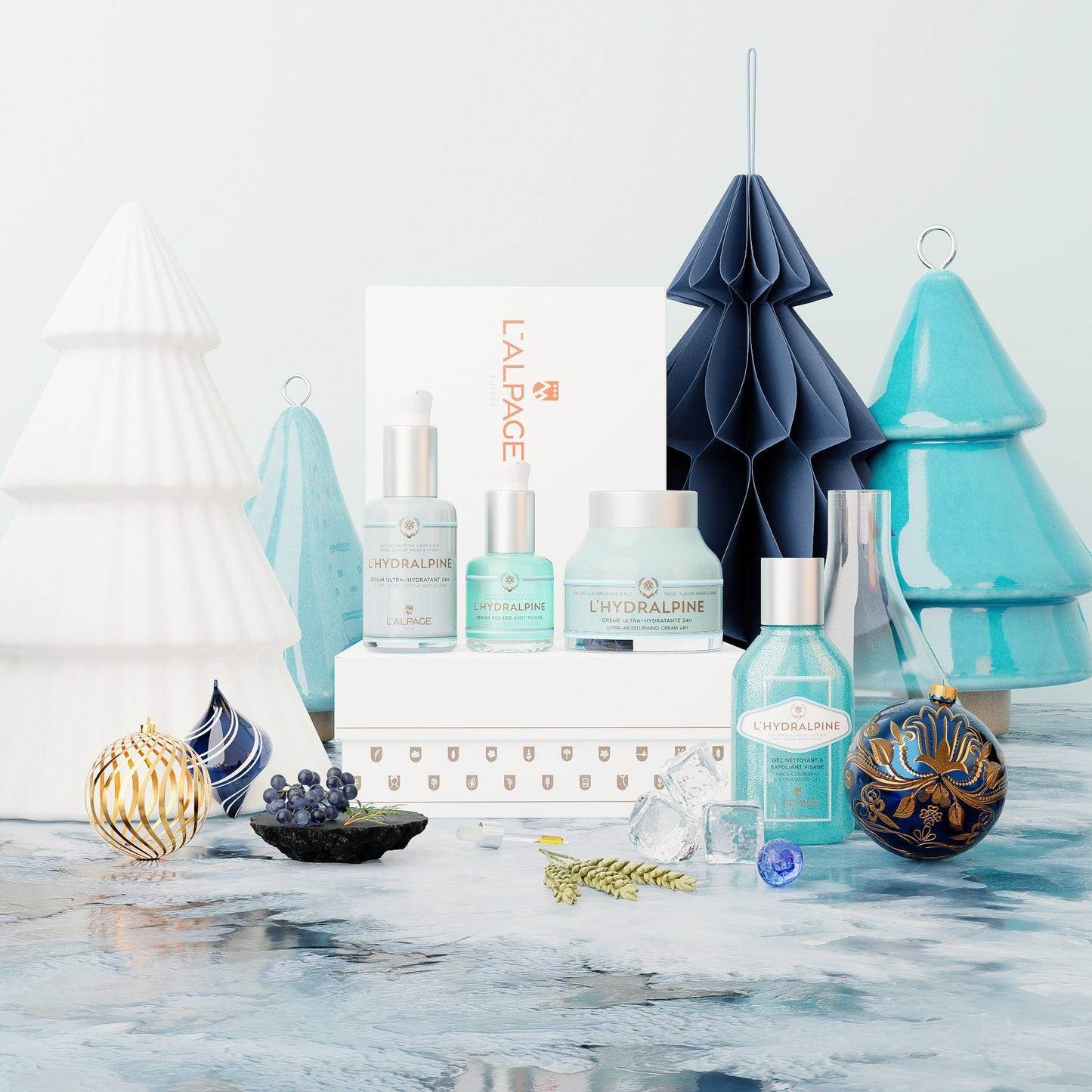 Set ou Coffret Cadeau Crème Visage Hydratante 24h + Sérum Visage Hydratante 24h + Serum Regard Anti-Poche + Gel Nettoyant Exfoliant L'HYDRALPINE