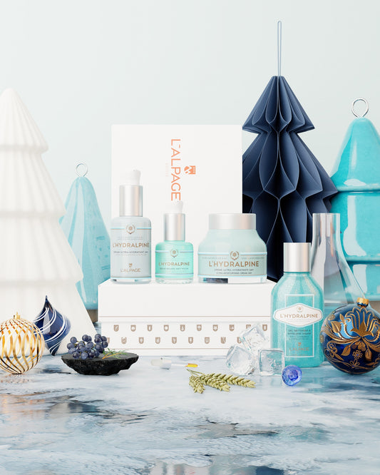 Set ou Coffret Cadeau Crème Visage Hydratante 24h + Sérum Visage Hydratante 24h + Serum Regard Anti-Poche + Gel Nettoyant Exfoliant L'HYDRALPINE