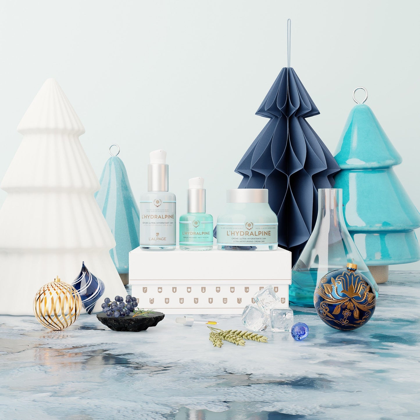 Set ou Coffret Cadeau Crème Visage Hydratante 24h + Sérum Visage Hydratante 24h + Serum Regard Anti-Poche L'HYDRALPINE