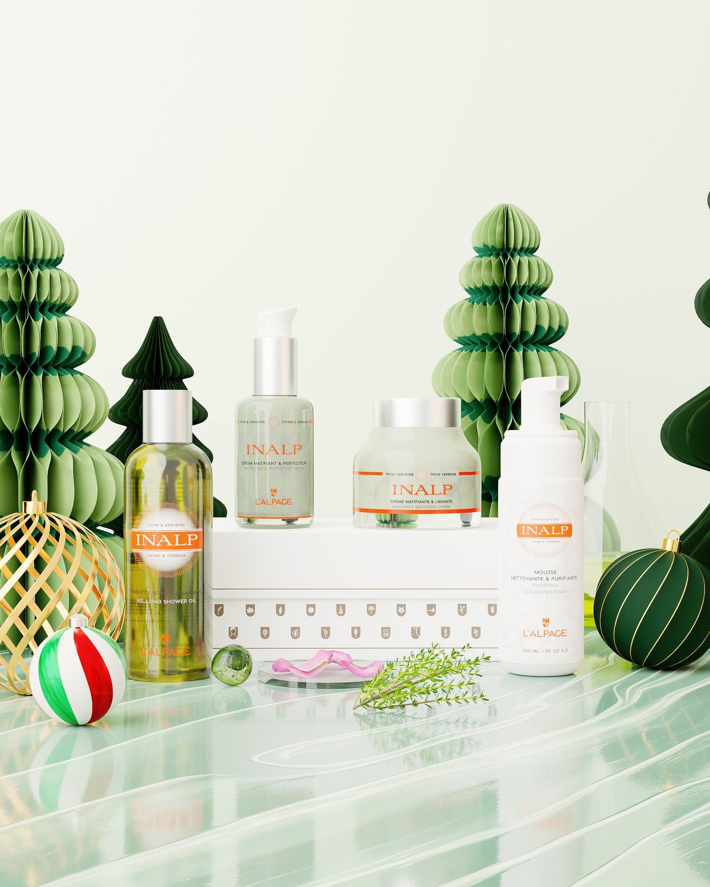 Set ou Coffret Cadeau Crème Matifiante et Lissante + Sérum Matifiant et Lissant + Mousse Nettoyante + Huile Douche INALP