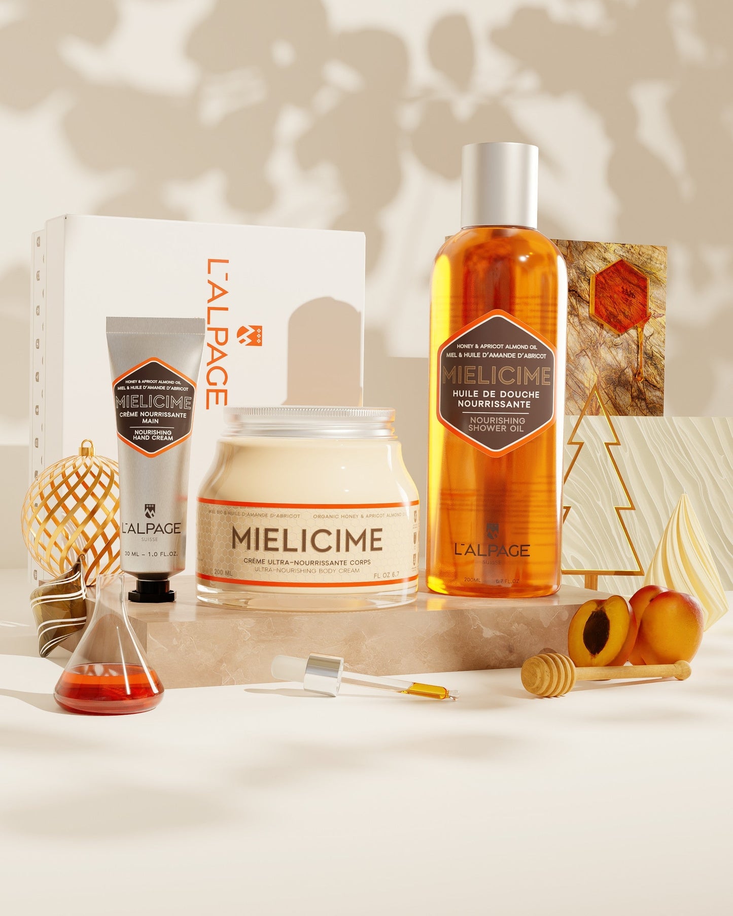 Set ou Coffret Cadeau TRIO Crème Corps 200ml + Crème Main + Huile Douche Mielicime