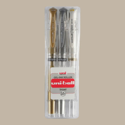 Uni Gelschreiber Ball Signo Broad 1 mm – Set mit 3 Stück im Etui