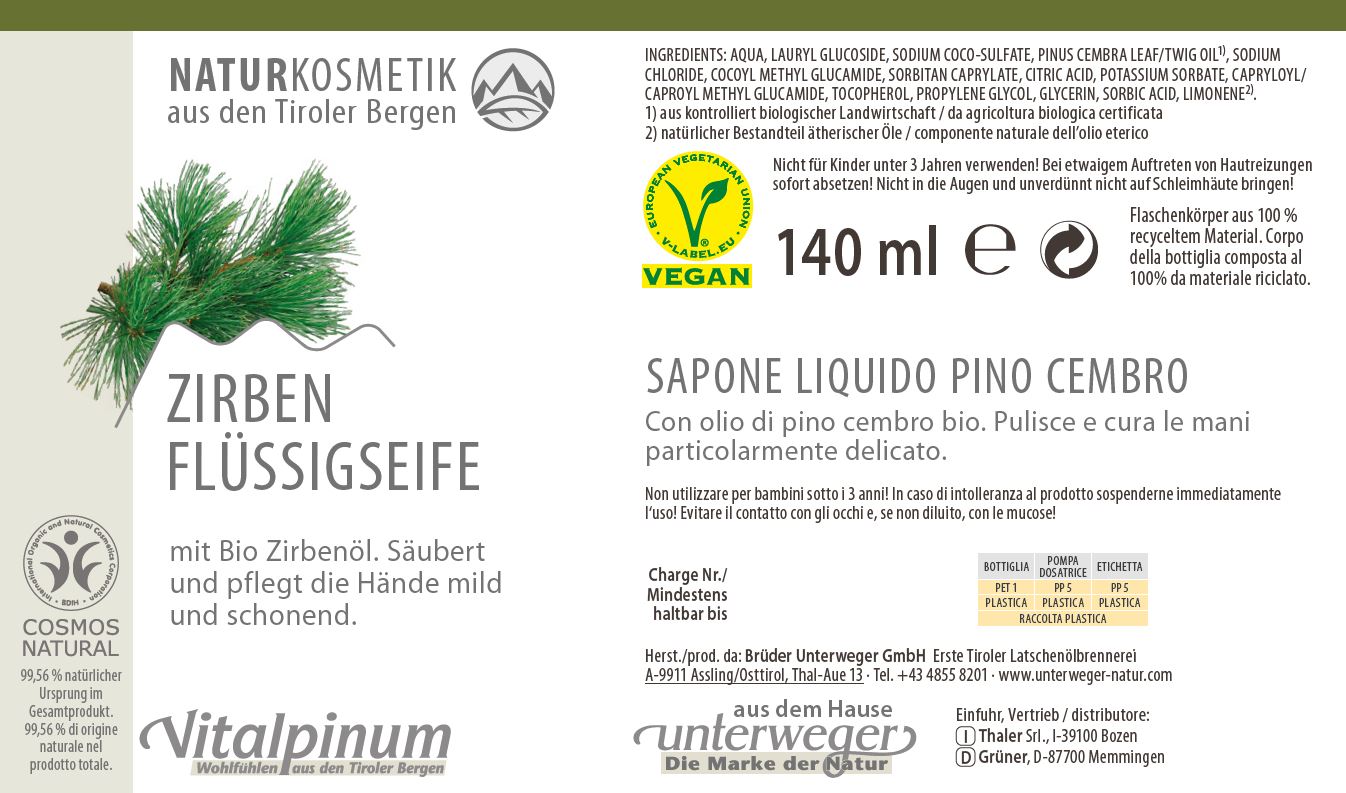 Unterweger Zirben Flüssigseife 140 ml – Naturkosmetik mit Bio-Zirbenöl für milde Reinigung & alpinen Duft