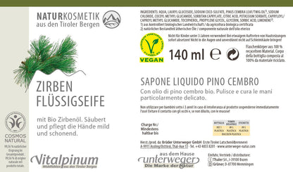 Unterweger Zirben Flüssigseife 140 ml – Naturkosmetik mit Bio-Zirbenöl für milde Reinigung & alpinen Duft