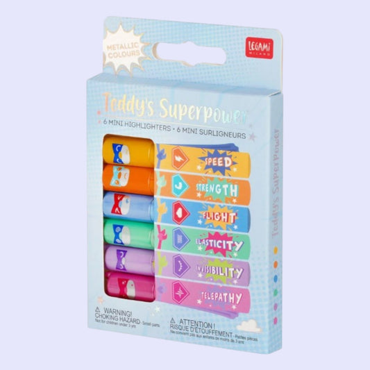 Legami. Mini Textmarker „Teddy’s Superpower“ Metallic Set, 6 Stk.