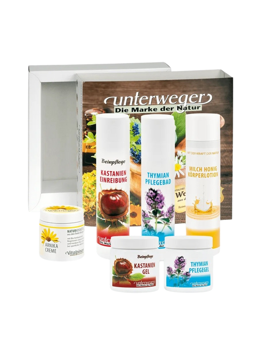 Unterweger Pflege Geschenkbox – Naturkosmetik-Set mit Kastanie, Arnika, Thymian & Honig zur Pflege von Muskeln & Haut