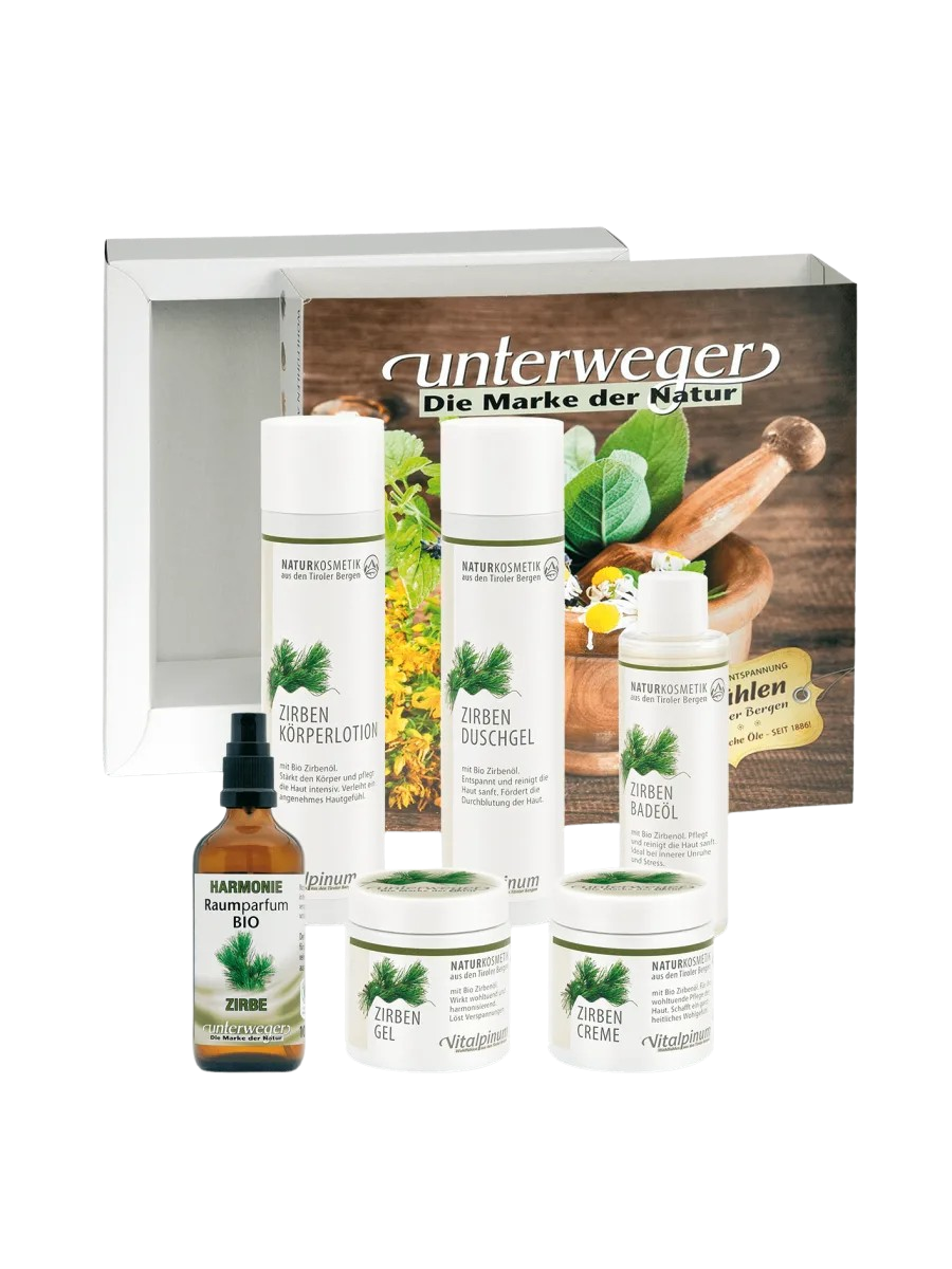 Unterweger Zirben Geschenkkistchen – Naturkosmetik-Set mit Bio-Zirbenöl zur Pflege & Entspannung im stilvollen Holzkistchen
