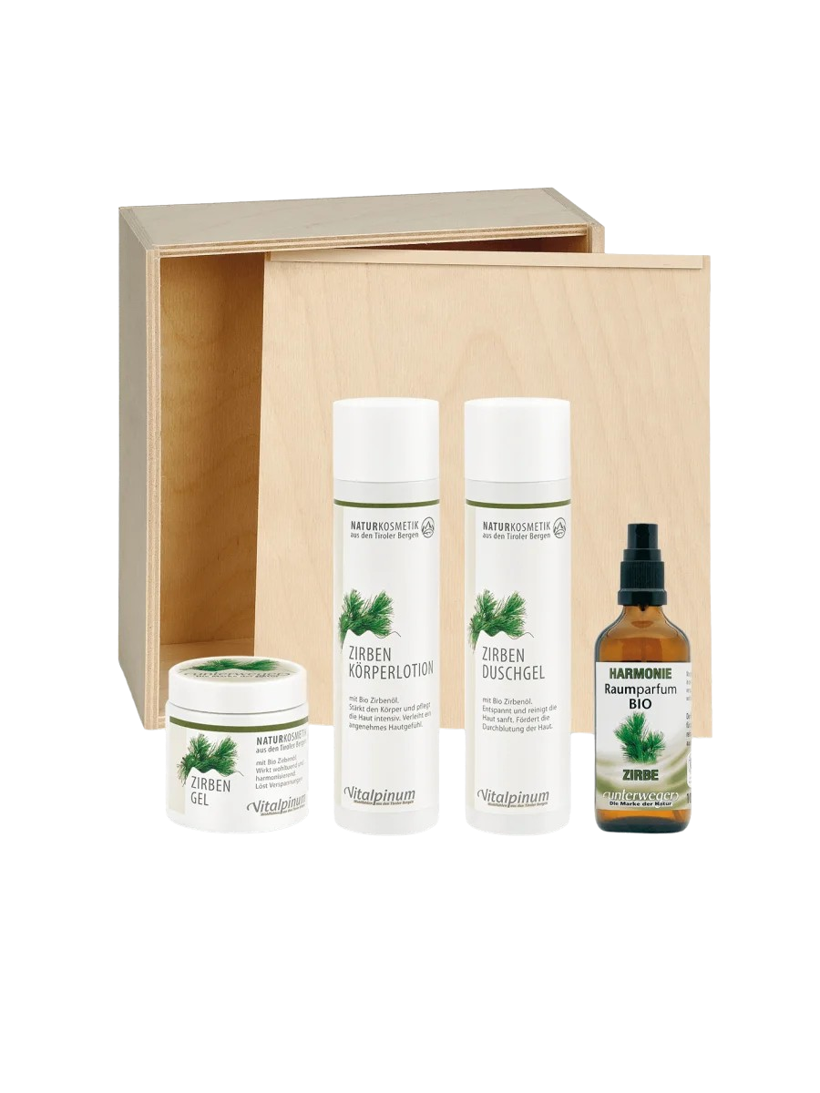 Brüder Unterweger Zirben Geschenkkistchen – Naturkosmetik-Set mit Bio-Zirbenöl zur entspannenden Pflege im dekorativen Holzkistchen