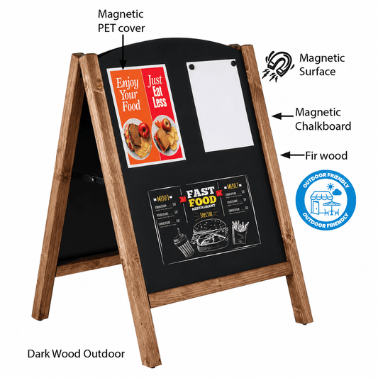 Outdoor Kreidetafel aus Holz 100×67 cm – Magnetisch, Slide-In, Dunkelbraun