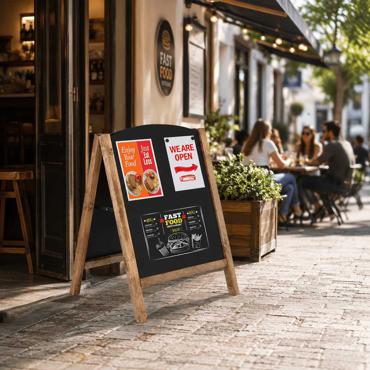 Outdoor Kreidetafel aus Holz 100×67 cm – Magnetisch, Slide-In, Dunkelbraun