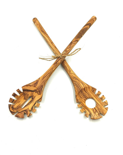 Olive wood pasta and noodle scoop, round handle, hook spaghetti spoon, pasta twirling fork