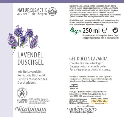 Unterweger Lavendel Duschgel 250 ml – entspannende Naturkosmetik mit ätherischem Lavendelöl für Körper & Sinne