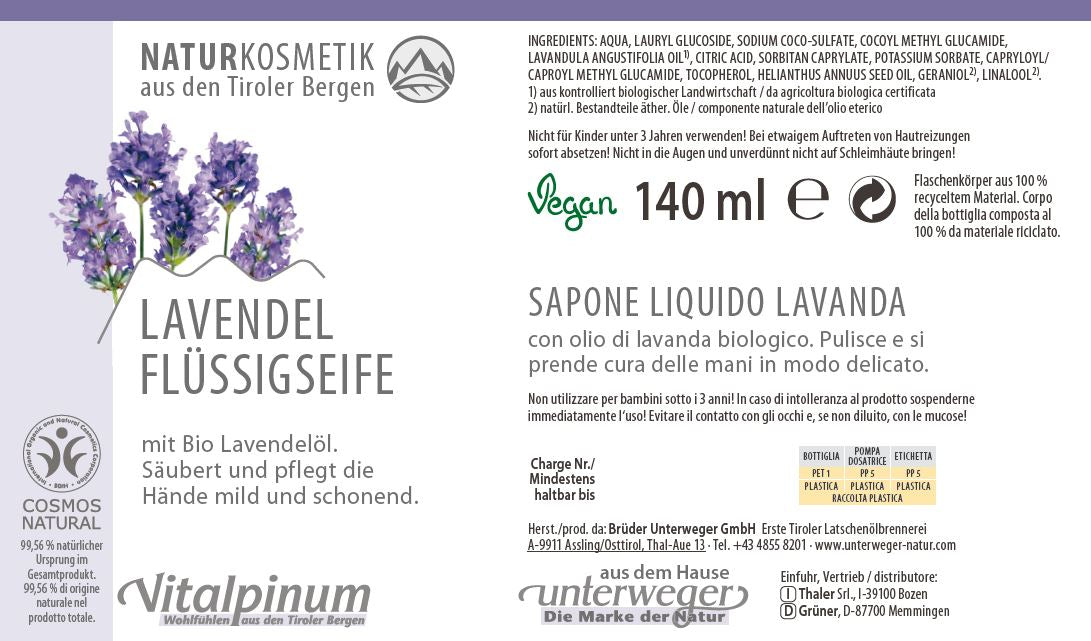 Unterweger Lavendel Flüssigseife 140ml – Naturkosmetik Handpflege mit ätherischem Lavendelöl für sanfte & beruhigende Reinigung