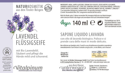 Unterweger Lavendel Flüssigseife 140ml – Naturkosmetik Handpflege mit ätherischem Lavendelöl für sanfte & beruhigende Reinigung