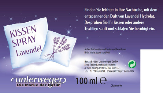 Lavendel Kissenspray Unterweger – 100% Lavendel Hydrolat für Entspannung & erholsamen Schlaf