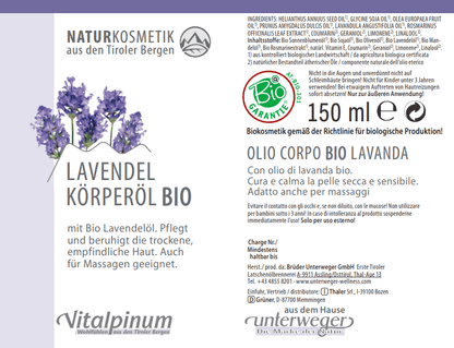 Bio Lavendel Körperöl Unterweger – zertifizierte Biokosmetik mit Bio Lavendelöl für empfindliche & trockene Haut