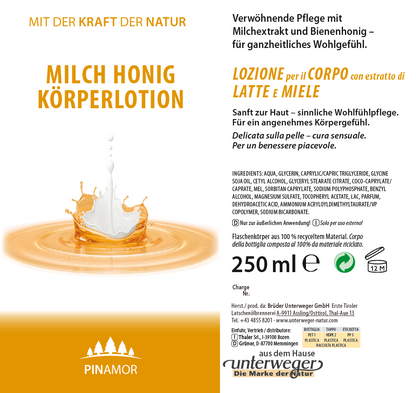 Milch Honig Bodylotion Unterweger – Naturkosmetik für trockene & empfindliche Haut mit pflegendem Duft