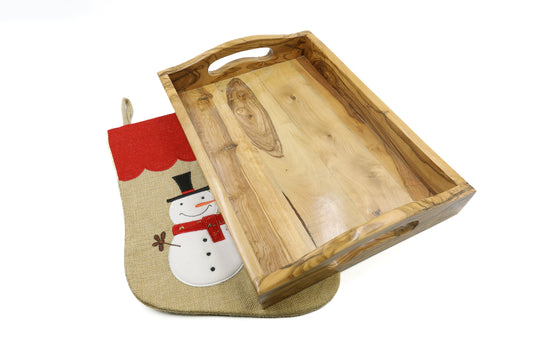 Rectangular olive wood serving tray with handles