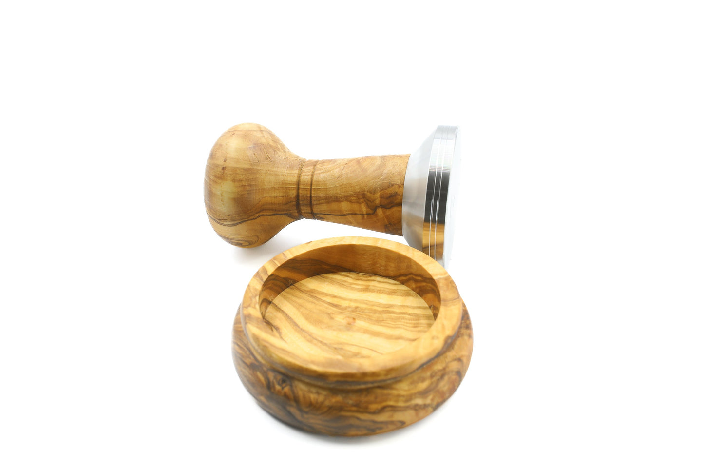 Olive wood and stainless steel coffee tamper with holder