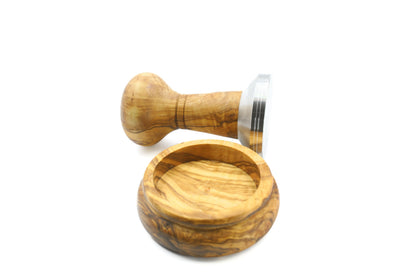 Olive wood and stainless steel coffee tamper with holder