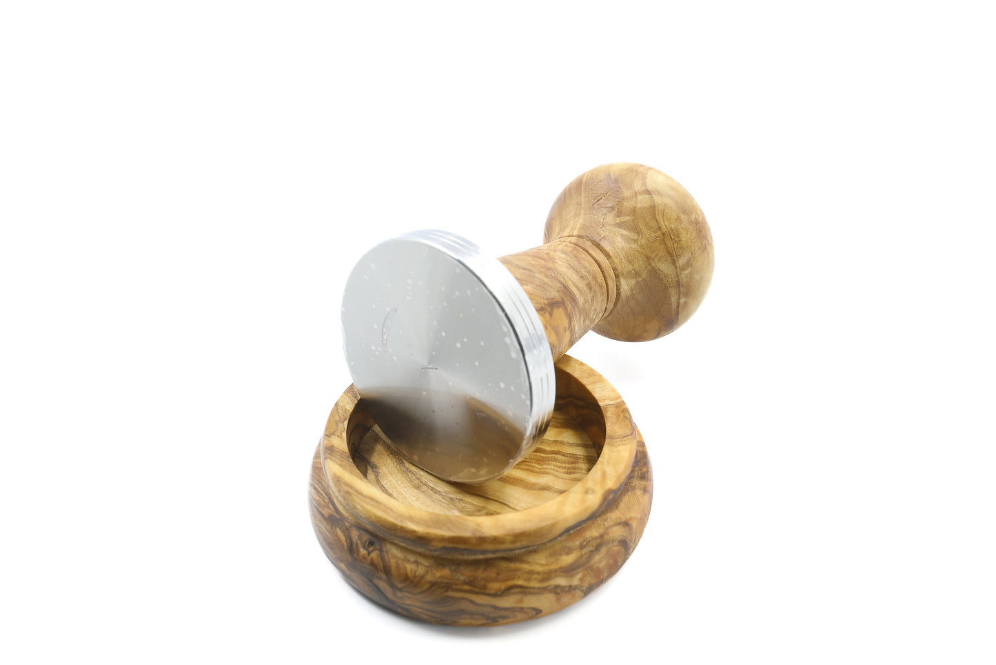 Olive wood and stainless steel coffee tamper with holder