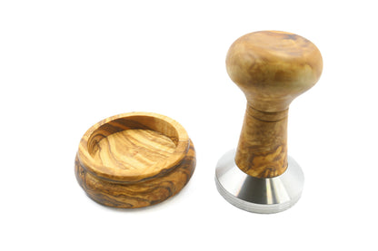 Olive wood and stainless steel coffee tamper with holder