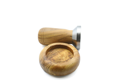 Olive wood and stainless steel coffee tamper with holder