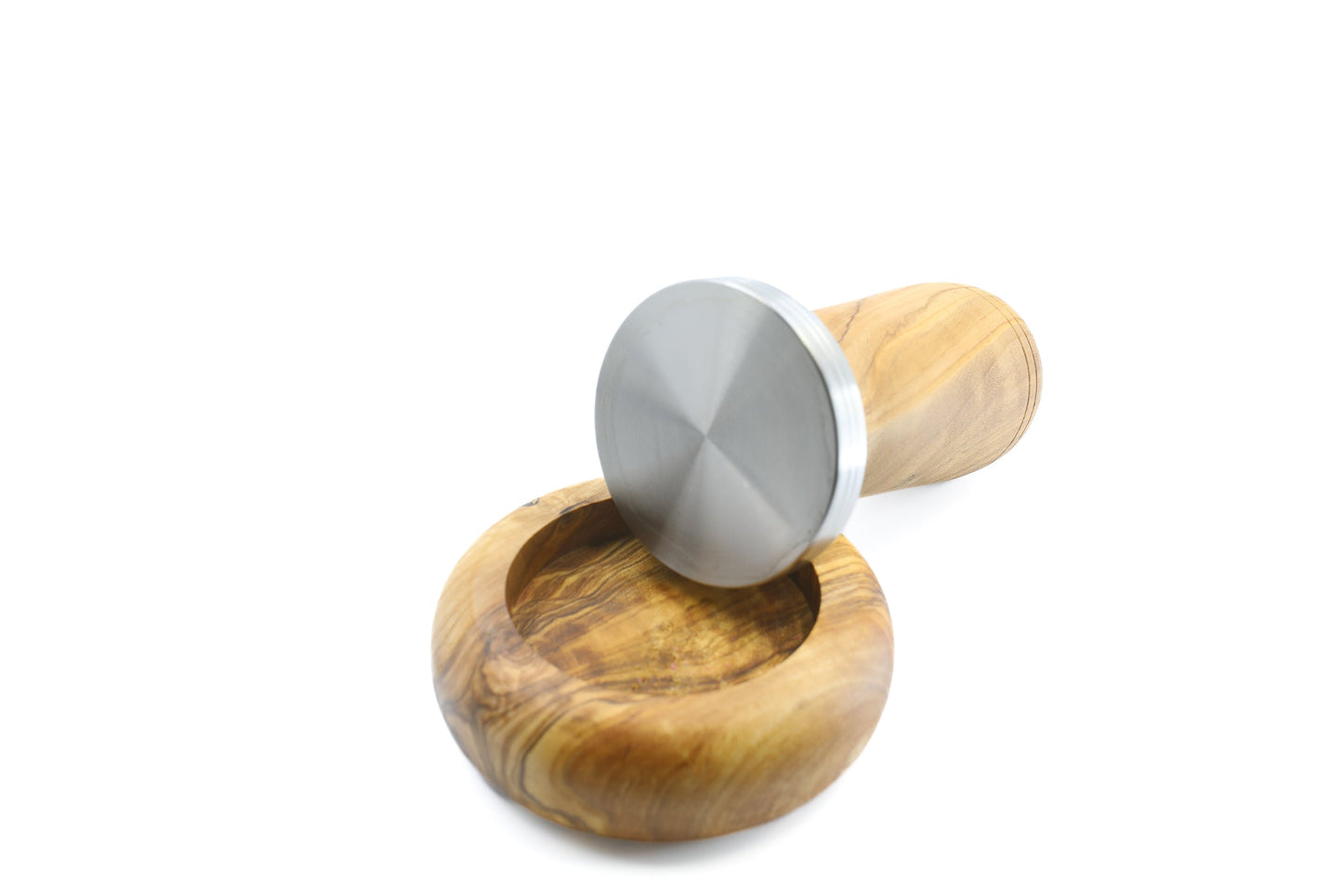 Olive wood and stainless steel coffee tamper with holder