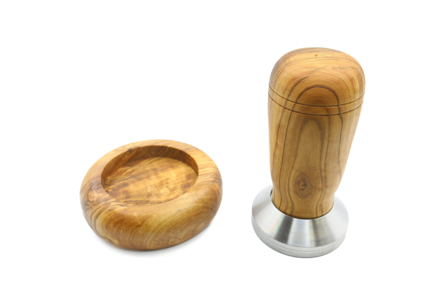 Olive wood and stainless steel coffee tamper with holder