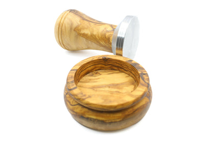 Olive wood and stainless steel coffee tamper with holder